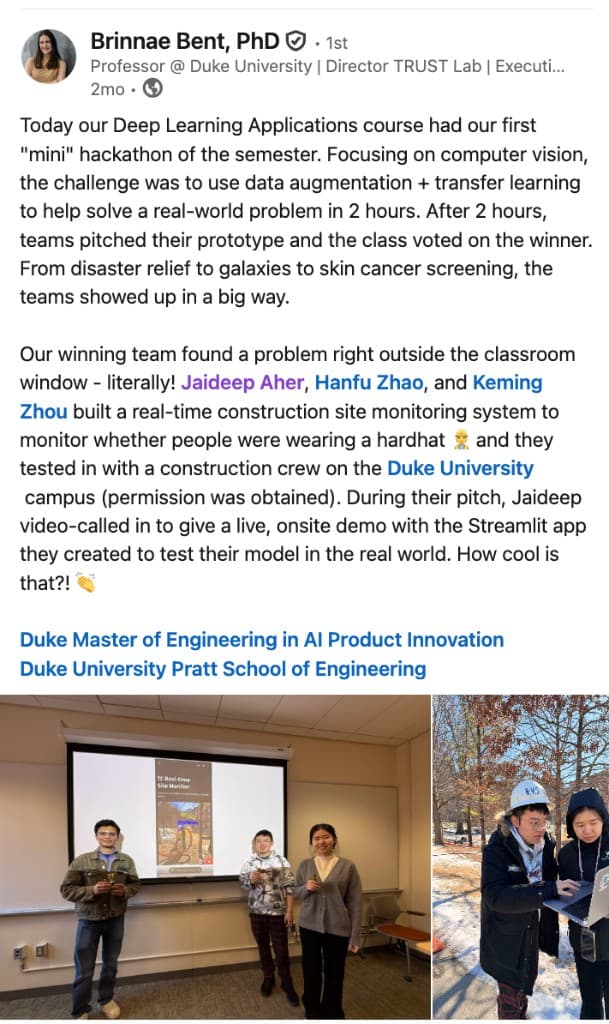 LinkedIn post by Prof. Brinnae Bent highlighting the winning team and project