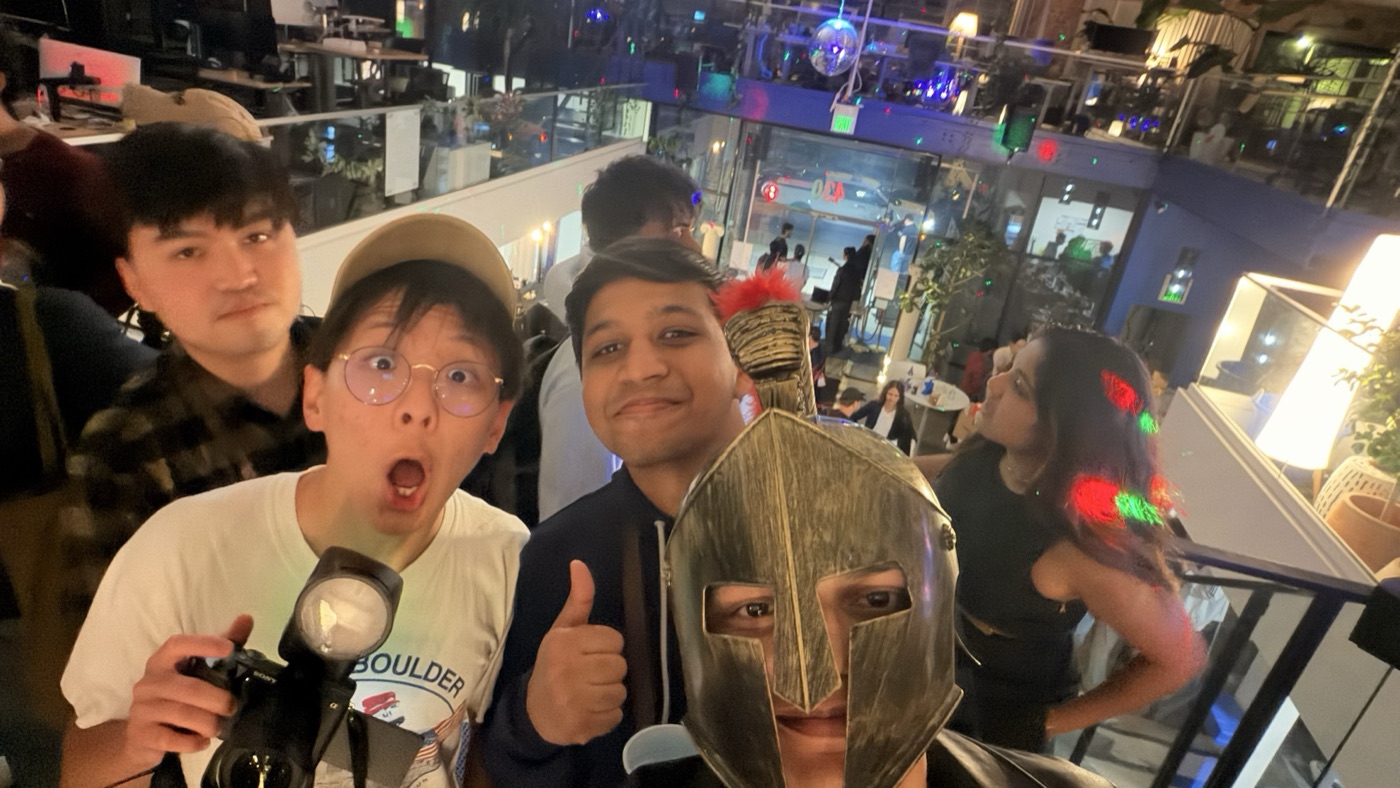 Group selfie with Jaideep in a Spartan helmet